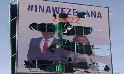 A campaign billboard displaying the images of Azimio la Umoja presidential candidate Raila Odinga and his DP Karua  vandalized in Bomet County