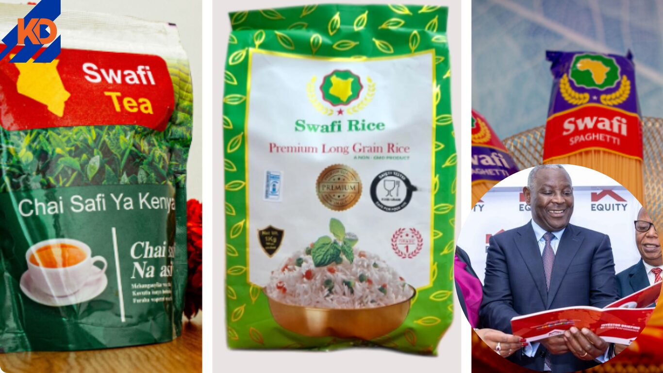 A landscape image featuring Swafi Foods' product packaging on one side and a portrait of Equity Bank CEO James Mwangi on the other, symbolizing the legal standoff between the company and the bank