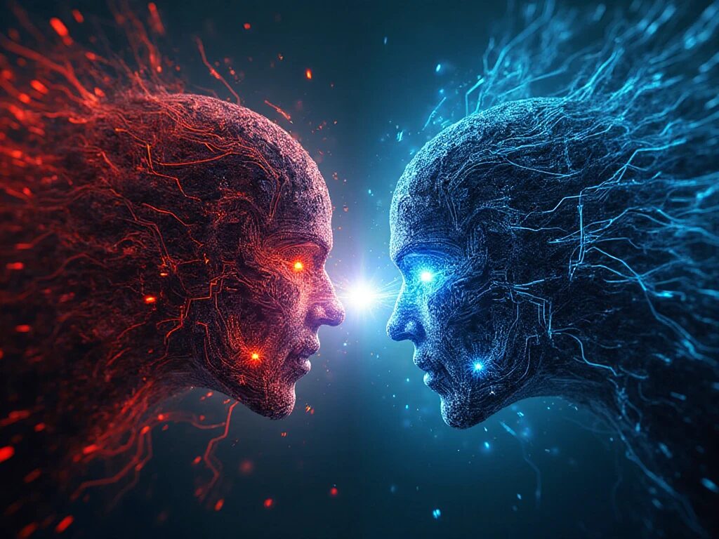 Stylized digital artwork showing two AI entities clashing, representing offensive and defensive cybersecurity.