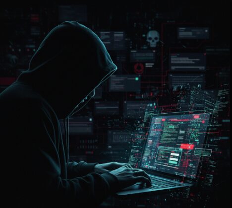Silhouetted figure using a laptop, with screens displaying complex code and phishing templates generated by AI.