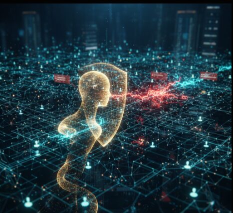 Futuristic graphic of a network with data streams, showing AI analyzing user behavior and highlighting anomalies.