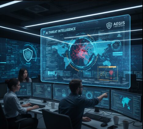  Cybersecurity analysts in a modern SOC reviewing AI-generated data on multiple screens, illustrating human-AI collaboration.