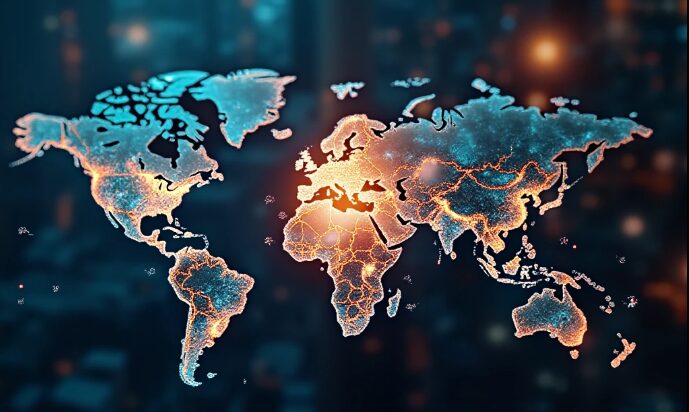 Futuristic global map showing interconnected digital supply chain routes