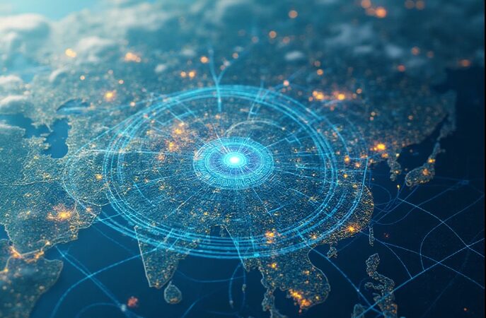 Graphic showing AI analyzing real-time weather and shipping data to predict and mitigate supply chain delays.