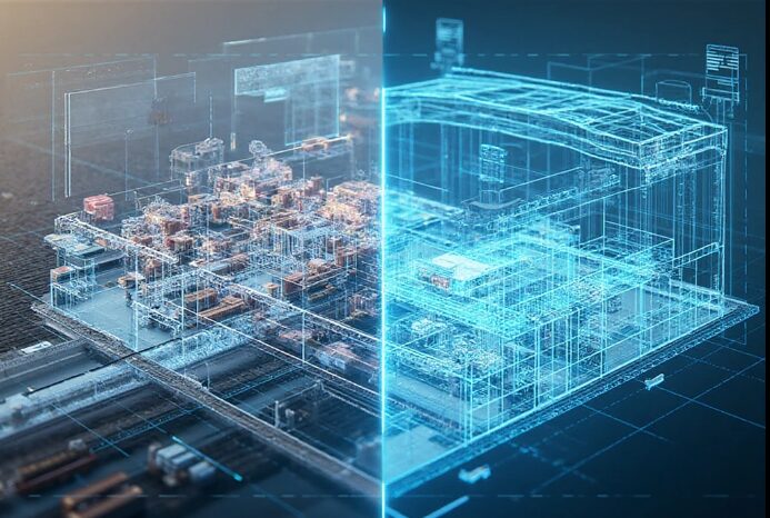 Comparison of a physical logistics facility with its digital twin, showing real-time data and simulation.