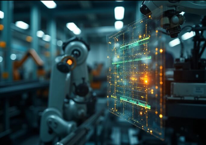 Industrial robots and machinery with an AI overlay showing sensor data for predictive maintenance.