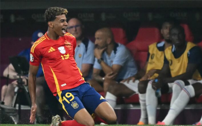 Lamine Yamal celebrates after scoring for Spain in Euro 2024, becoming the youngest player to star in the tournament.