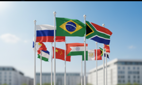 Flags of the ten BRICS member countries symbolizing expansion and unity.