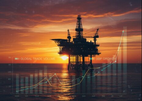 Oil rig at sunset representing BRICS energy dominance and economic power.