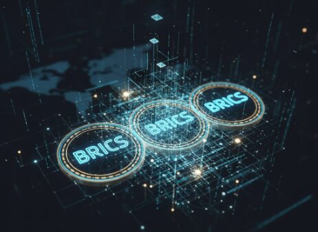 Digital BRICS coin concept connected by blockchain technology representing de-dollarization efforts.”