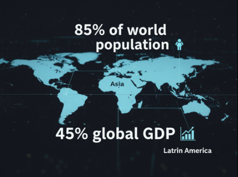 Infographic world map highlighting Global South population and GDP shares.