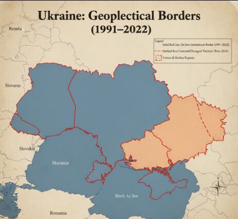 Map showing Ukraine, Crimea, and the Donbas region highlighting territorial disputes since 2014.