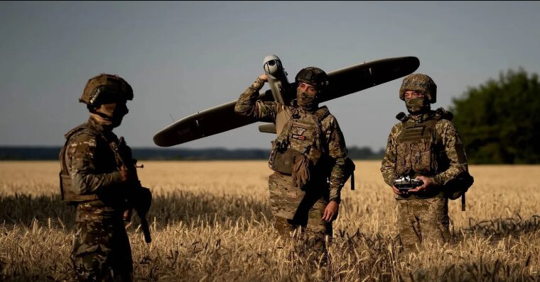 Ukrainian soldiers using drones and artillery in the eastern frontlines.