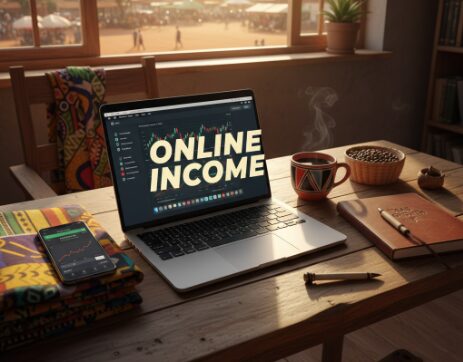 Freelancer working online in Kenya using a laptop and smartphone to earn income digitally.