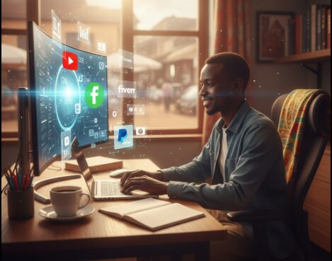 Young Kenyan professional using online platforms like YouTube and Fiverr to earn money from home.