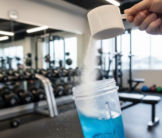 Whey protein powder in blender bottle