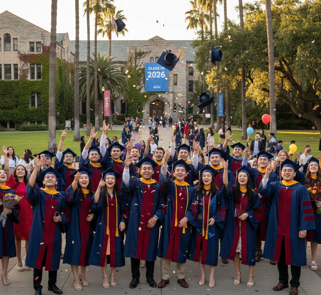 Diverse group of international students on campus graduation, representing scholarship recipients and global education.