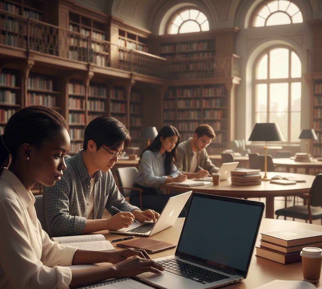 Students studying with laptops and notebooks in a library, demonstrating effective study strategies for better academic results.